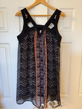 Black & Orange Chevron Sleeveless Shift Tunic Y2K Babydoll Dress Woman Midi Sz L